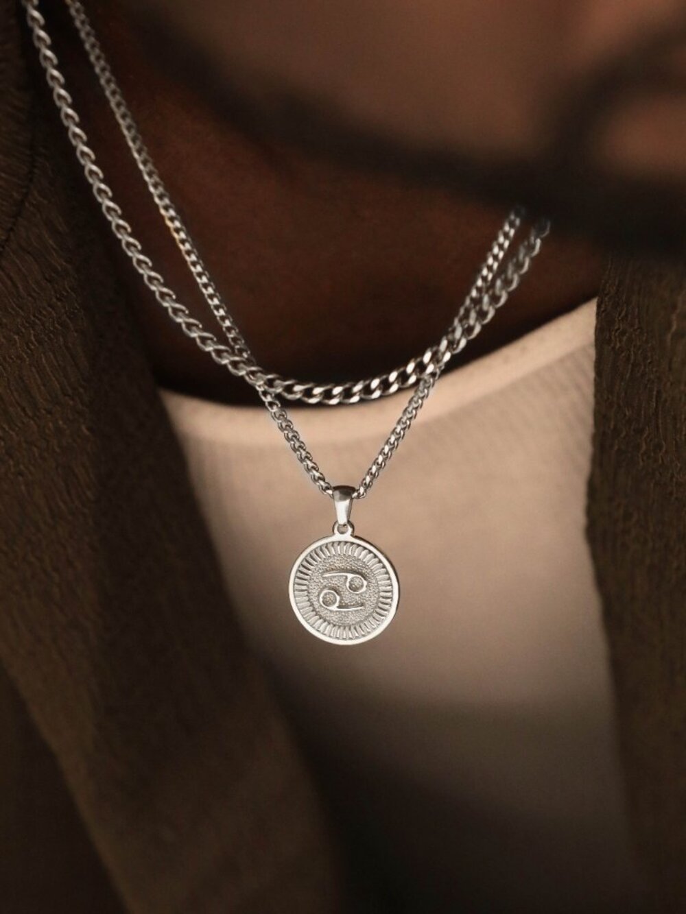 Men's Silver Cancer Pendant Necklace Set